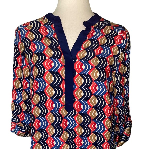 Alice & Trixie Silk Tan Blue Red Geometric Print Tunic Column Dress - M - Picture 2 of 9